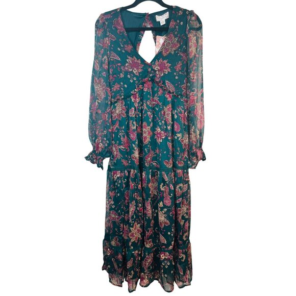 Bohemian Small Paisley Long Sleeve Dark Green Band Of The Free Floral Print Maxi - Picture 2 of 16